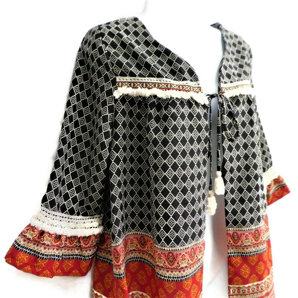Xhilaration Tops - Xhilaration Peasant Kimono Caftan Open Front Tie Ruffled Sleeve Tassels Mixed M